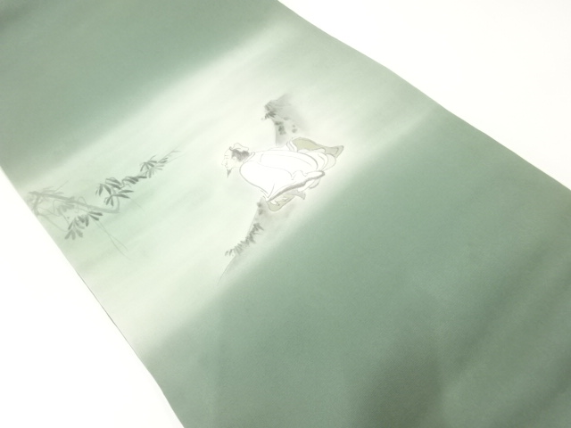 手描き笹に人物模様名古屋帯